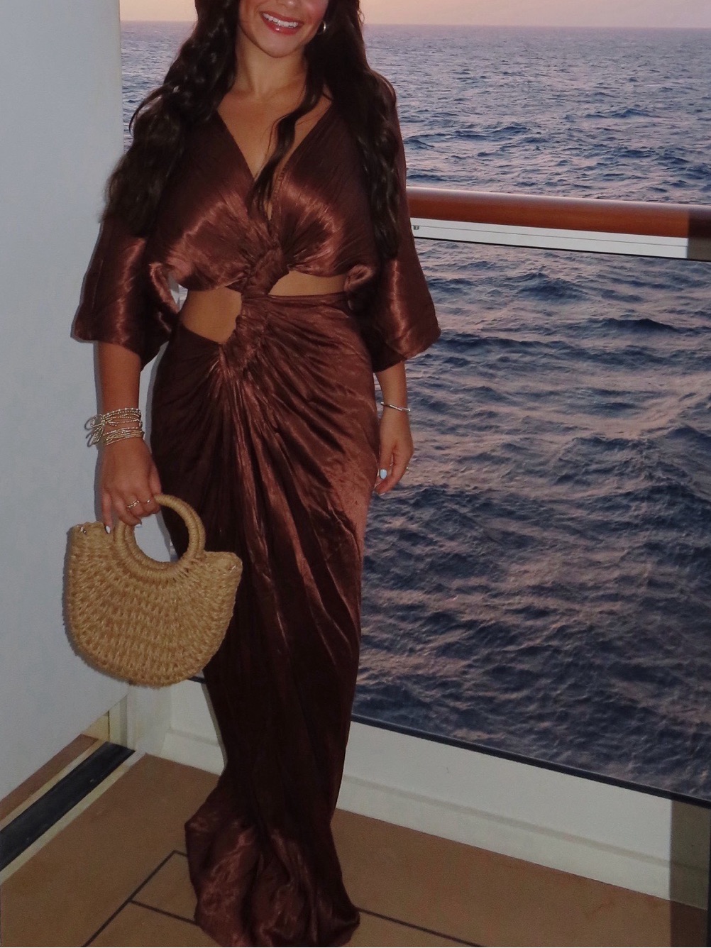 Satin Twist Maxi Dress In Rich Brown